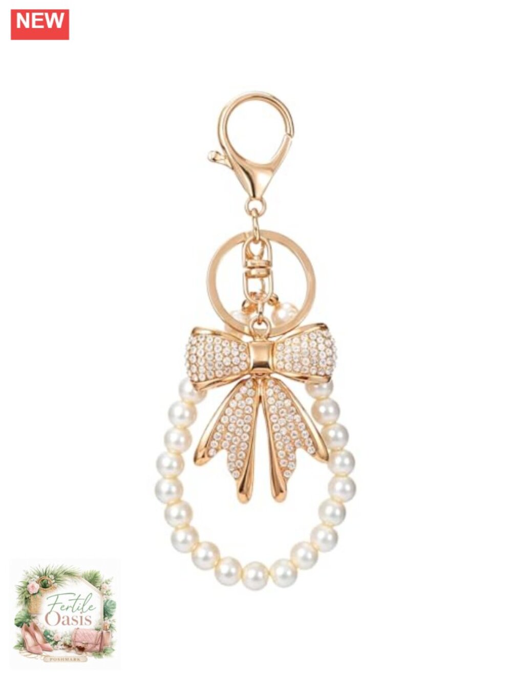 Rhinestone Bow Keychain with Pearl Chain, Lobster Clasp, Bag Charm